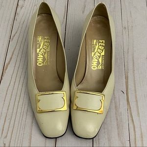 Salvatore Ferragamo Vintage Cream Pumps with Gold buckle Size 6.5